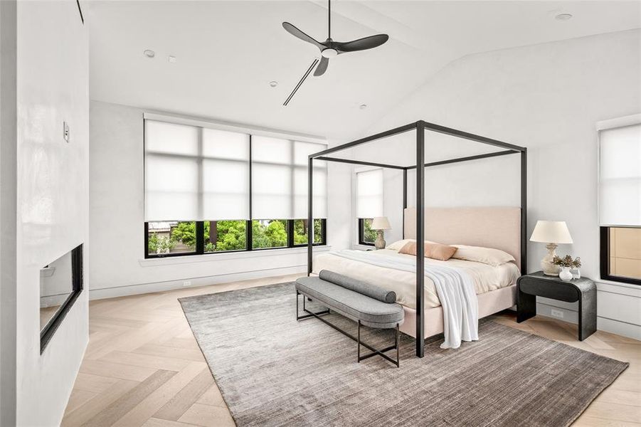 With automated Hunter Douglas shades already in place, this bedroom ensures privacy and comfort and offers ample space for large furniture. This impeccable primary suite, overlooking the sparkling pool, is a one-of-a-kind retreat.