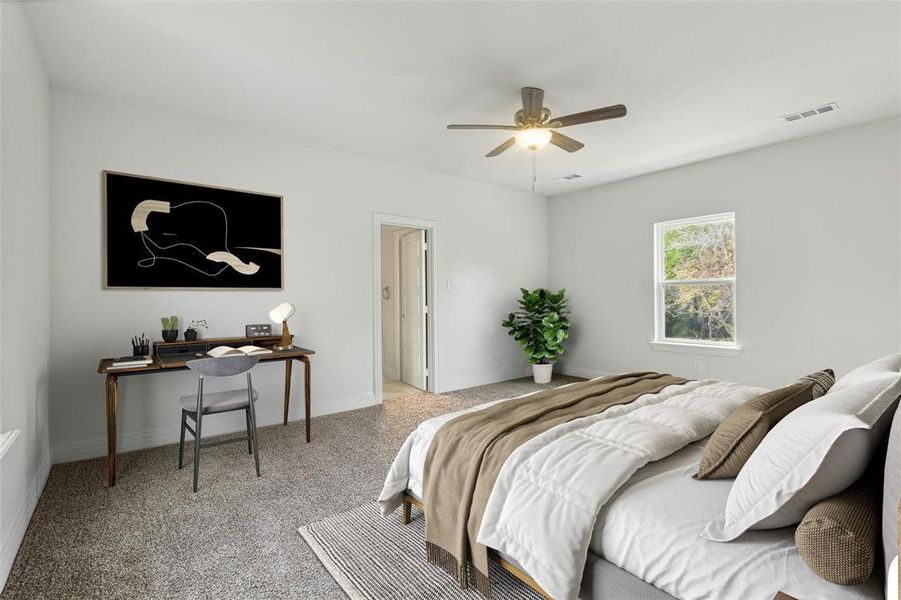 Bedroom with carpet flooring and ceiling fan