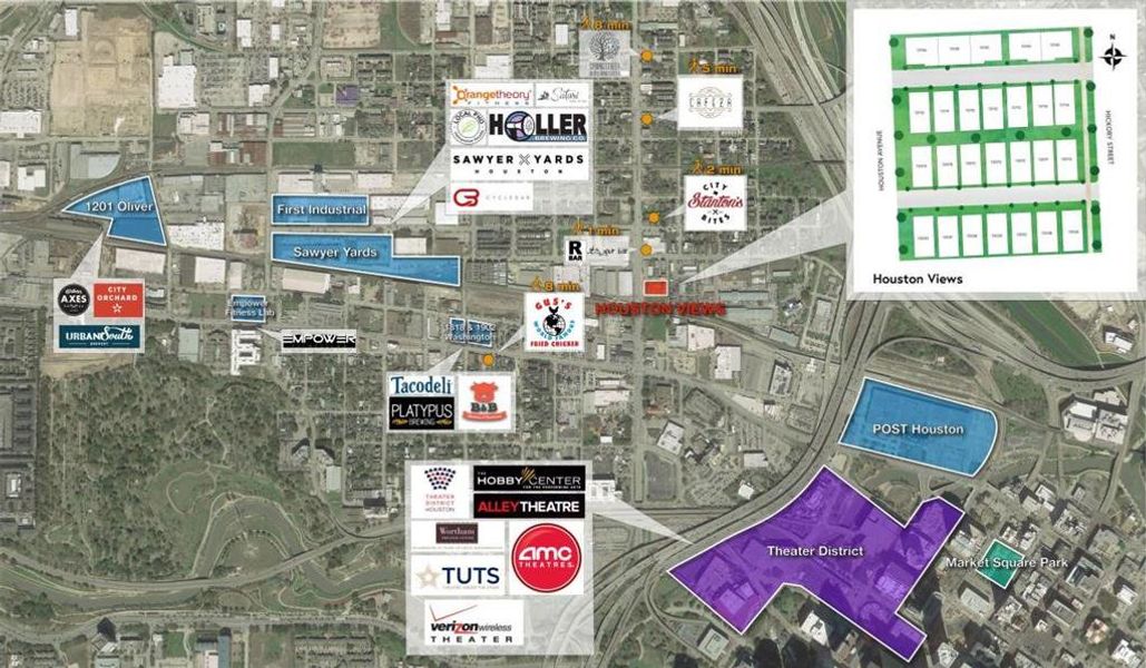 Area map showing proximity to the Theater District, The Post, restaurants, and more!