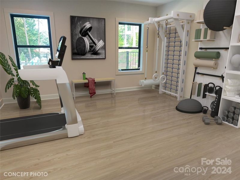 Flex Room on Basement level virtually staged as an exercise room!