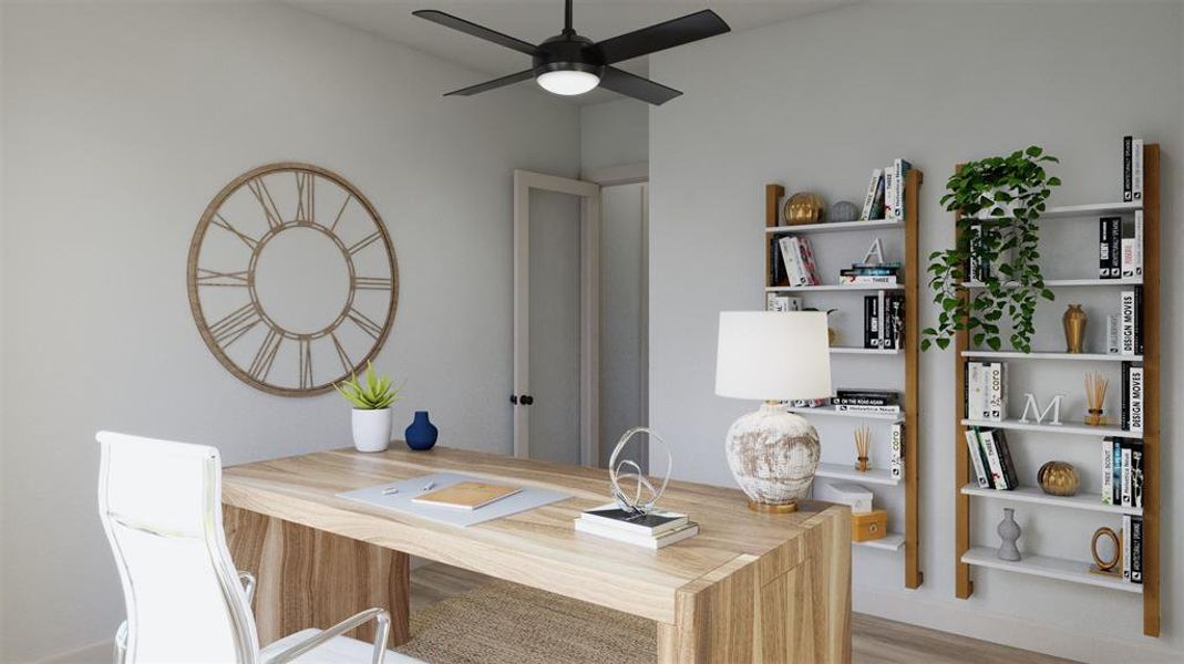 Our Rousseau plan offers a private home office perfect for work or play.  VIRTUALLY STAGED RENDERING