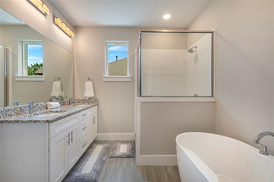 Bathroom with plus walk in shower, vanity with extensive cabinet space, a wealth of natural light, and double sink