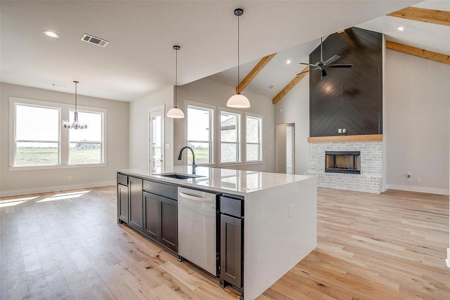 Kitchen with a fireplace, sink, dishwasher, light hardwood / wood-style flooring, and a kitchen island with sink