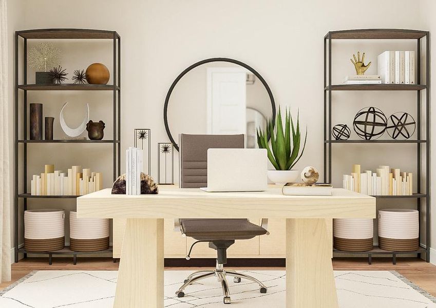 Rendering of flex room furnished as a
  home office featuring a rustic desk and chair, matching open-shelving, and a
  large white rug.