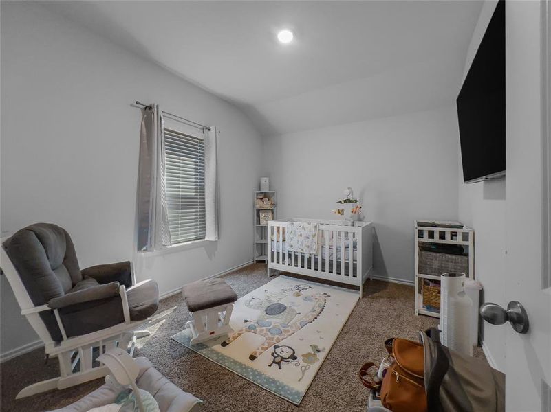 Carpeted bedroom featuring vaulted ceiling and a nursery area