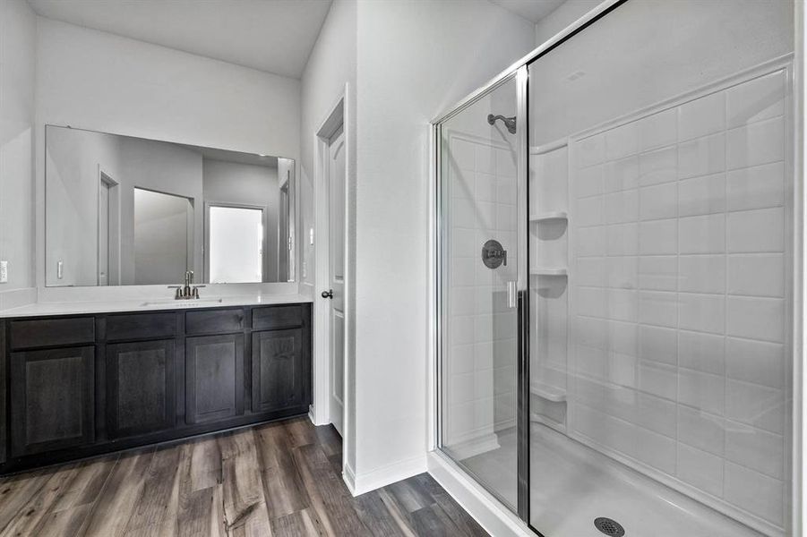 Bathroom with vanity, wood-type flooring, and a shower with door