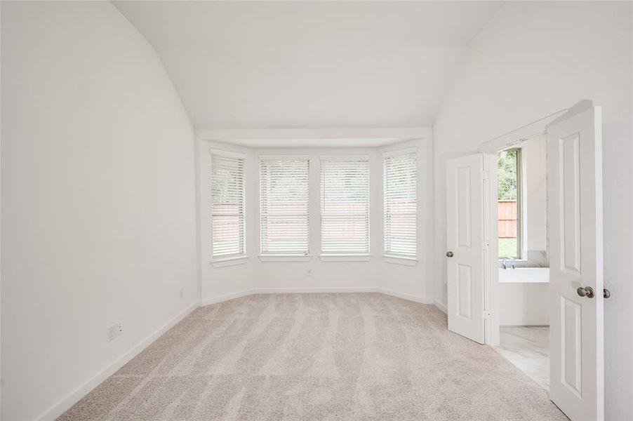 Primary bedroom with tall ceilings.