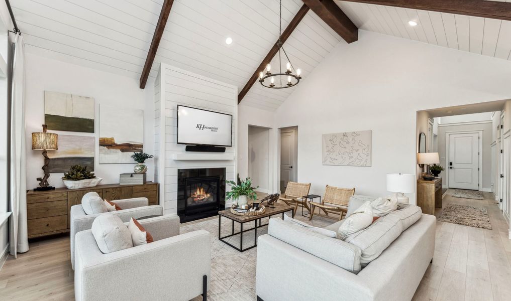 Great room with vaulted ceilings and fireplace