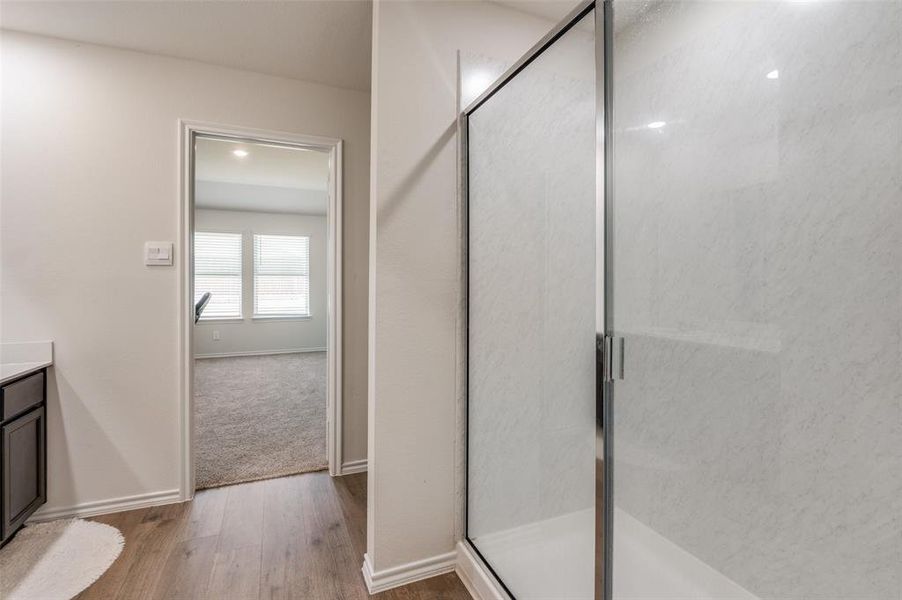 Bathroom featuring vanity, hardwood / wood-style flooring, and walk in shower