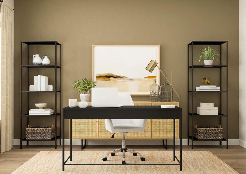 Rendering of the flex space in the
  Superior furnished as an office. The room has a large window and wood-style
  flooring and is decorated with a desk, storage cabinet and two bookshelves.