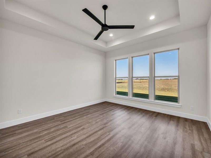 Spare room with ceiling fan, wood-type flooring, and a tray ceiling