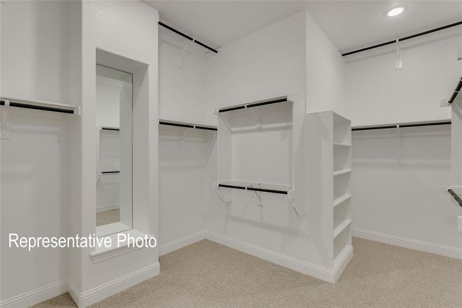 Spacious closet with light carpet