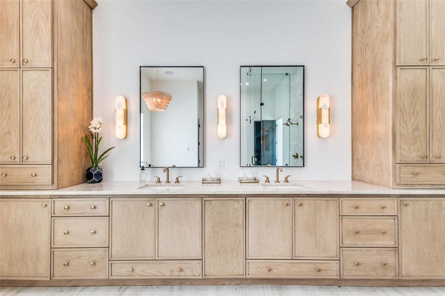 Bathroom with hardwood / wood-style floors and double sink vanity