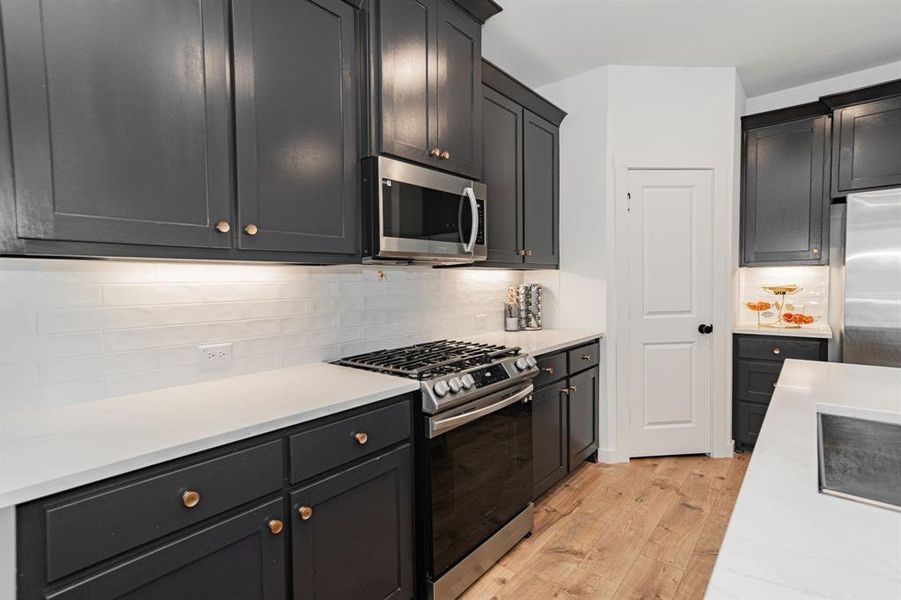 Kitchen featuring decorative backsplash, stainless steel appliances, and light hardwood / wood-style floors