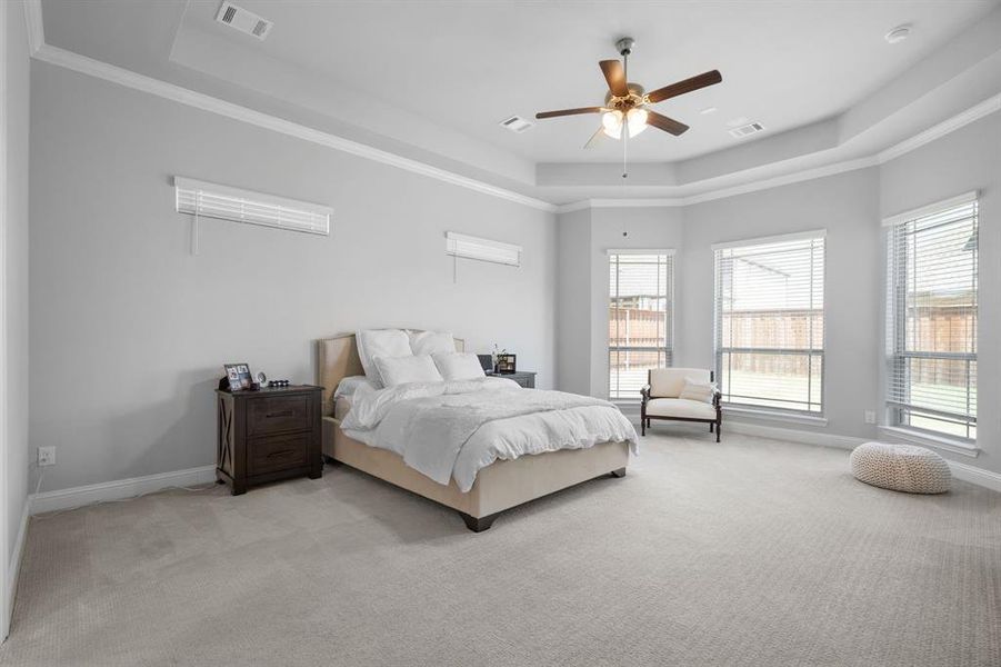 Primary Bedroom with bay-style windows facing backyard.