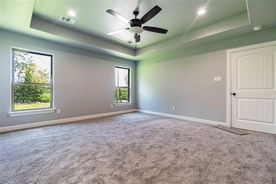 Empty room featuring carpet, ceiling fan, and a raised ceiling