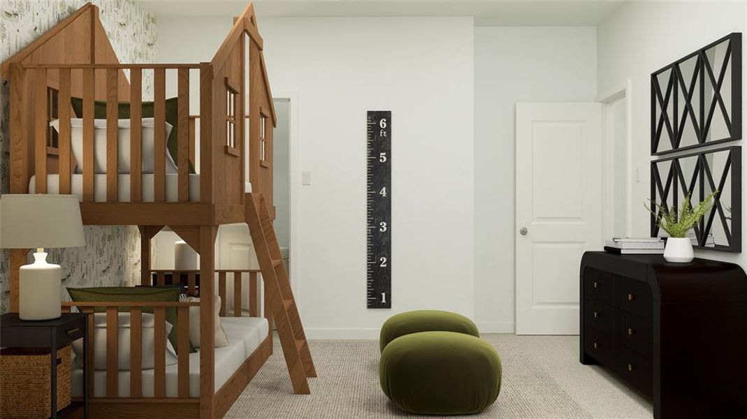 Bedroom with light colored carpet