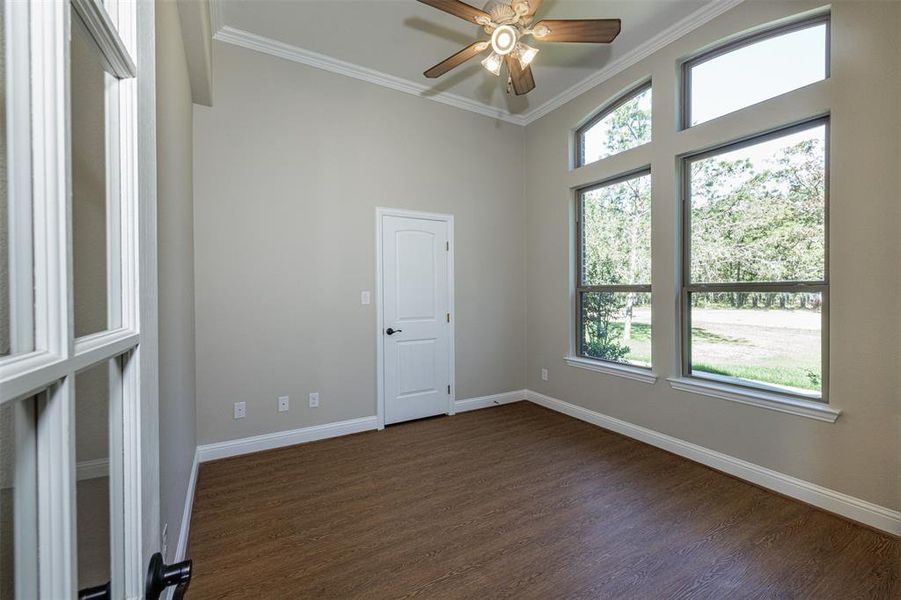 Unfurnished room with ornamental molding, ceiling fan, and dark hardwood / wood-style flooring