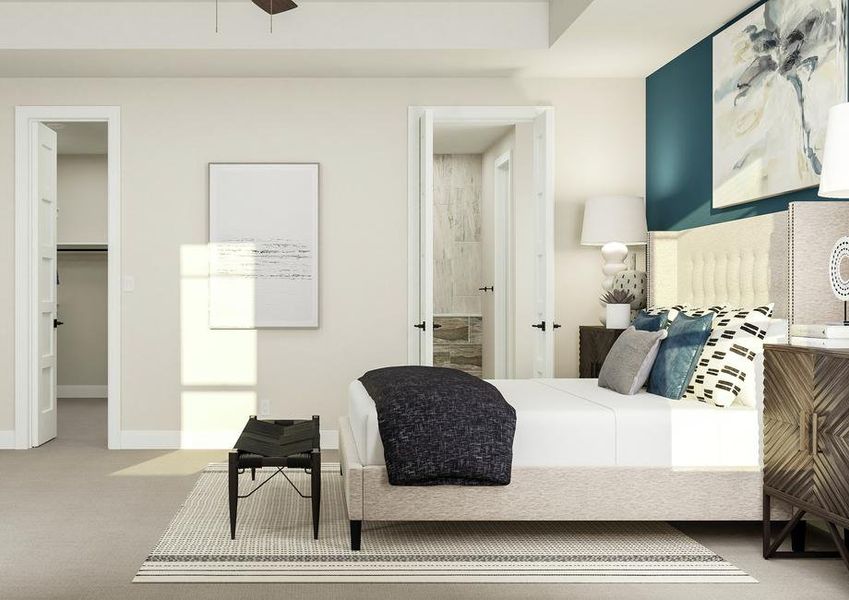 Rendering of the master bedroom focused
  on the large bed, two nightstands, rug and bench. An accent wall, paintings,
  two table lamps and view into walk-in closet is visible.