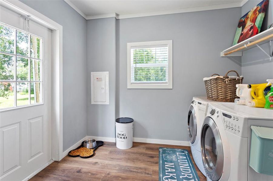 This laundry room is so nice. It has a place to hang your clothes, access to the electrical panel, ingress and egress to the side yard, and extra space next to the dryer.