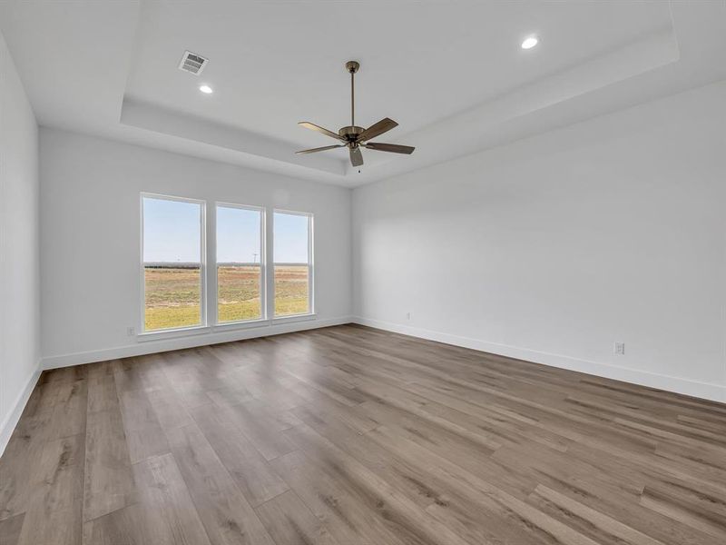 Empty room with light hardwood / wood-style floors, a tray ceiling, and ceiling fan