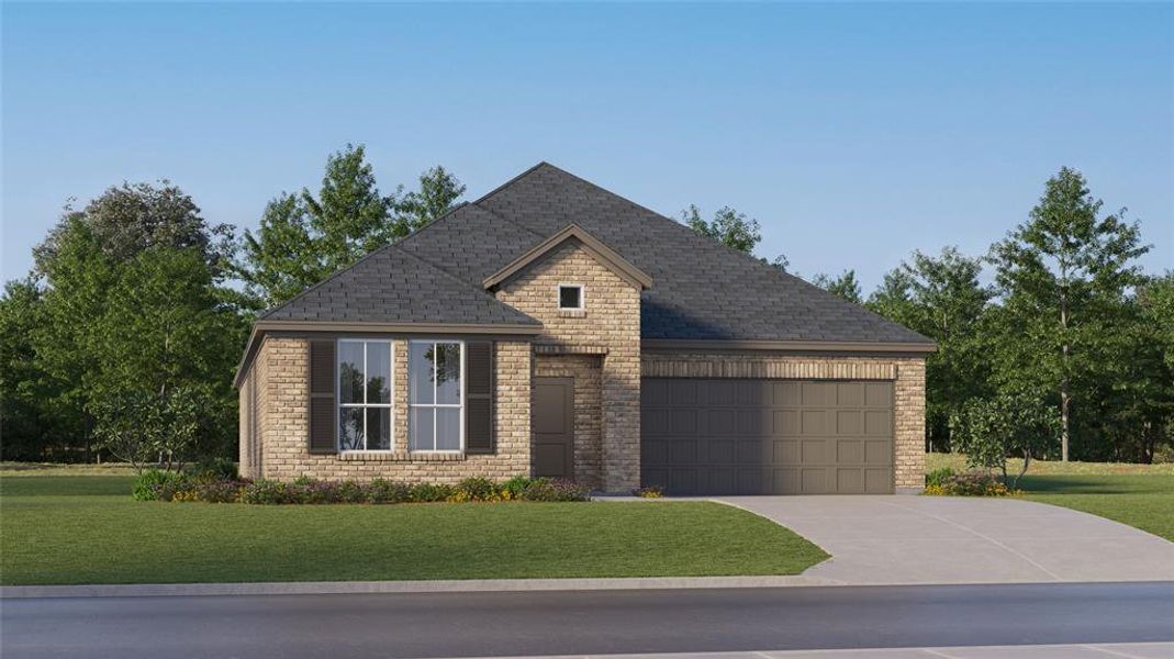 View of front of home featuring a garage and a front yard