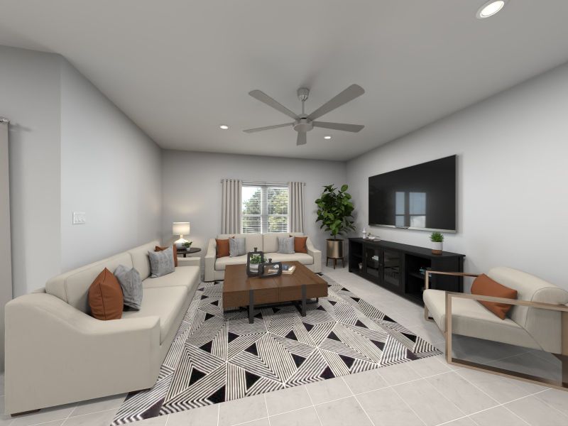 Virtual rendering of living room in the Sawyer floorplan
