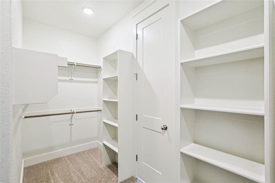 Walk in closet with light colored carpet