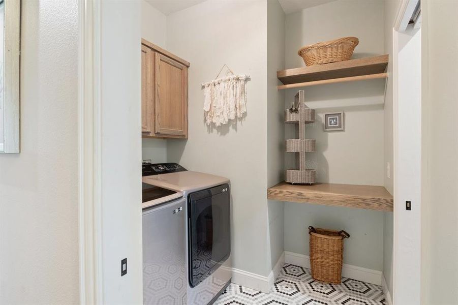 Fun Tile Flooring and Open Shelving in the Laundry
