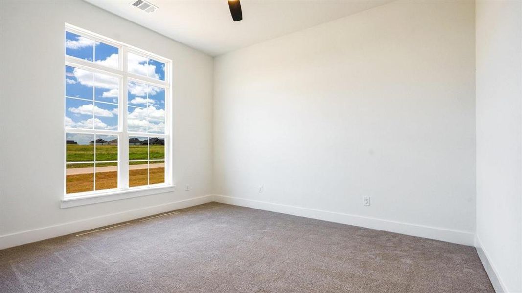 Spare room with a wealth of natural light, carpet floors, and ceiling fan