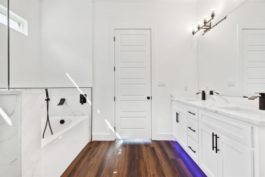 Bathroom with wood-type flooring, plus walk in shower, and vanity