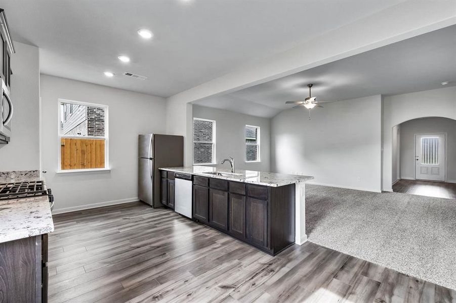 Kitchen with light colored carpet, ceiling fan, stainless steel appliances, and plenty of natural light