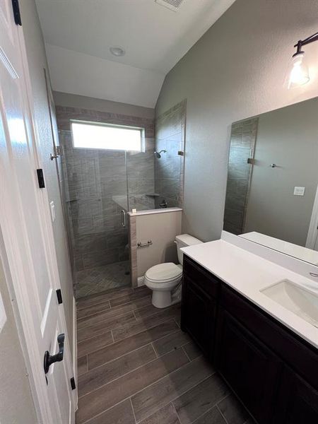 Bathroom with a shower with door, lofted ceiling, toilet, and large vanity