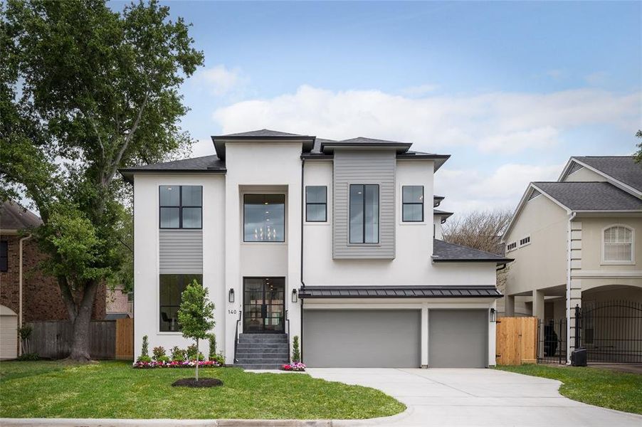 Sophisticated style meets Bellaire convenience in this stunning new five-bedroom, five-and-a-half-bathroom showplace featuring premium finishes, a flexible layout, anattached three-car garage with EV pre-wiring, and a large, fenced yard.