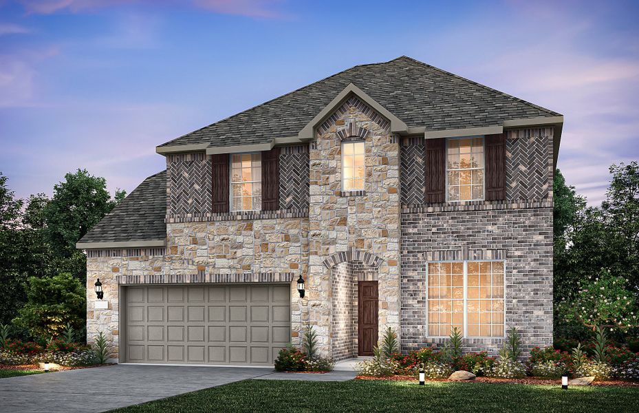 Exterior D with shutters, stone accents, and 2-car garage with additional storage