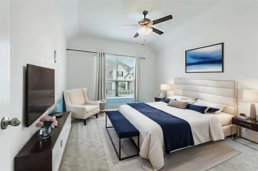 Virtual staging -  Master Bedroom with ceiling fan and vaulted ceiling