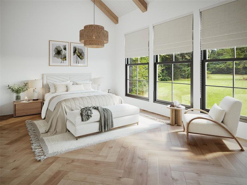 Bedroom with beam ceiling, high vaulted ceiling, and light parquet floors