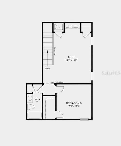 Second Floor Plan - Structural options added include: Study, gourmet kitchen, outdoor kitchen rough-in, sliding glass door, 5th bedroom and full bathroom.