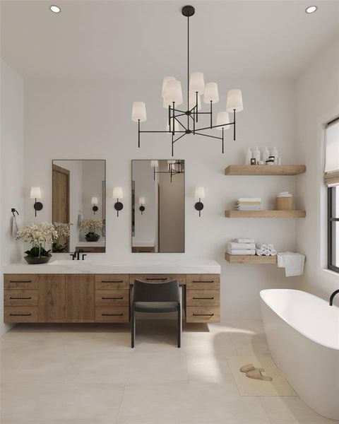 Bathroom with tile patterned flooring, vanity, a notable chandelier, and a tub