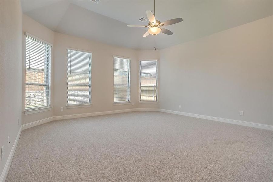 Carpeted spare room featuring plenty of natural light and ceiling fan