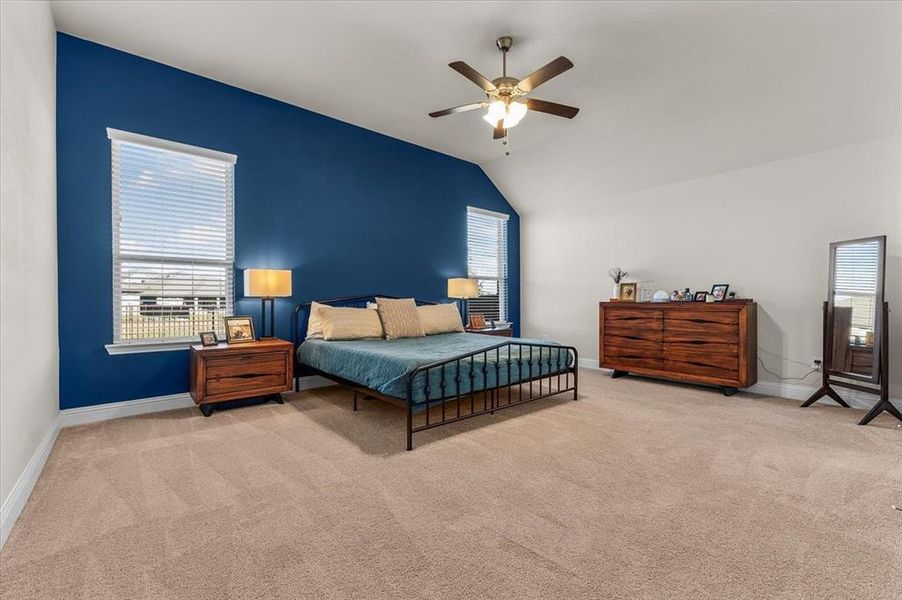 Carpeted bedroom with ceiling fan and vaulted ceiling