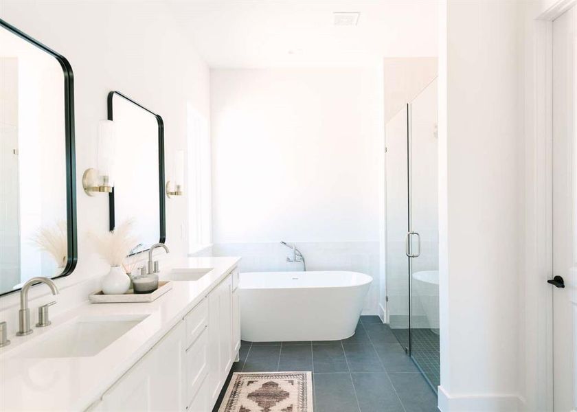 Bathroom featuring shower with separate bathtub, vanity, and tile patterned floors