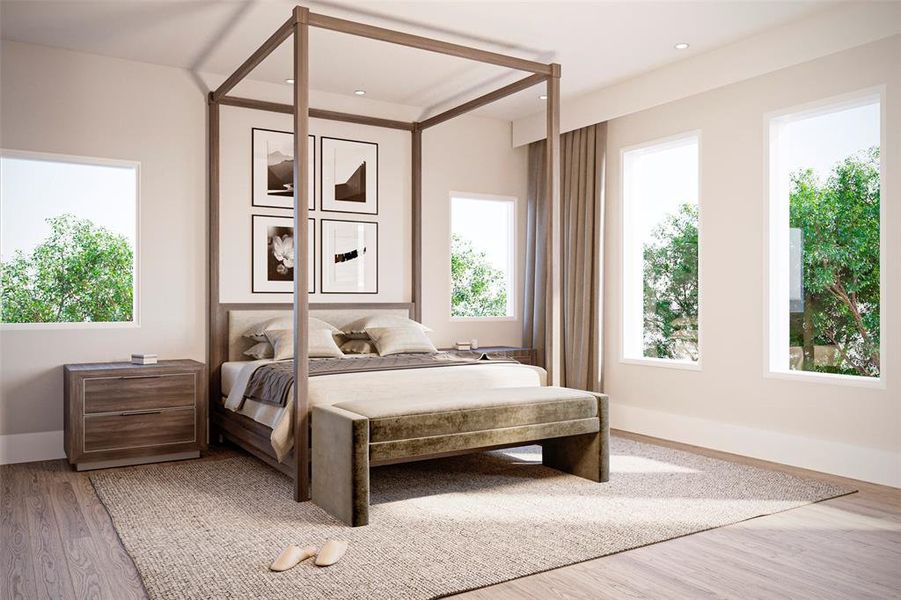 Virtually staged primary bedroom suite