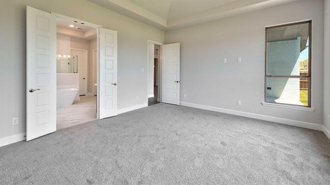 Unfurnished bedroom featuring carpet and a raised ceiling