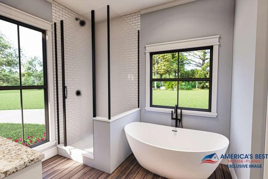 Bathroom with vanity, shower with separate bathtub, and hardwood / wood-style flooring