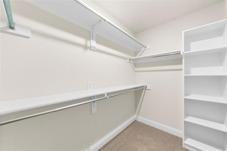 Walk in closet with light colored carpet