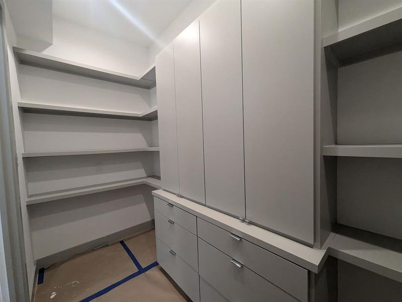 Spacious pantry with generous amounts of built-in storage.