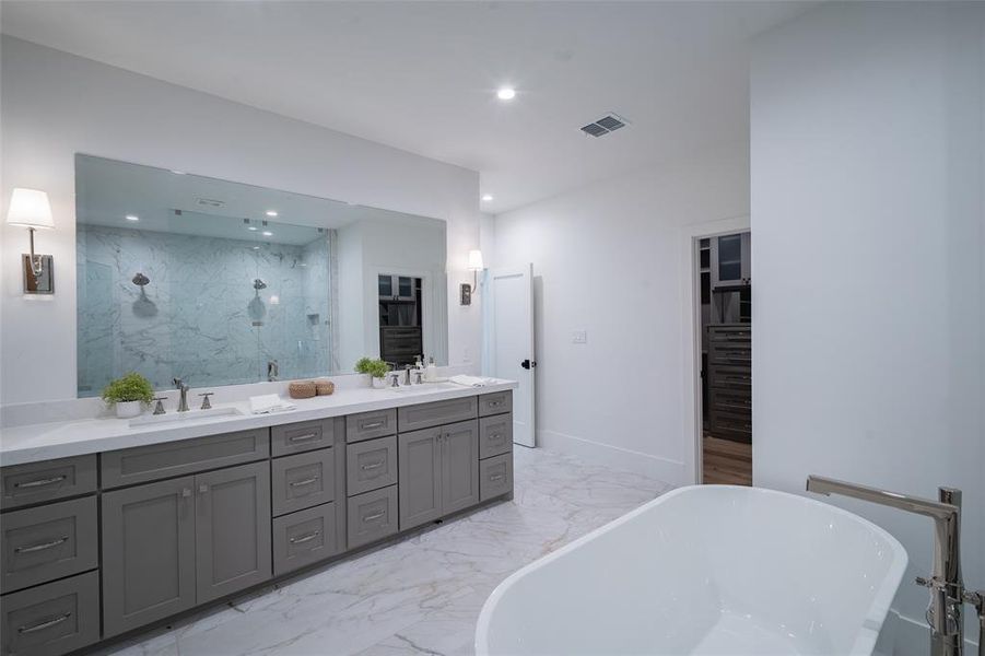 Bathroom with vanity and shower with separate bathtub