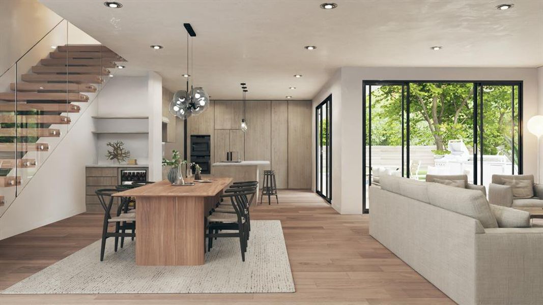 Open concept dinning room and living room.