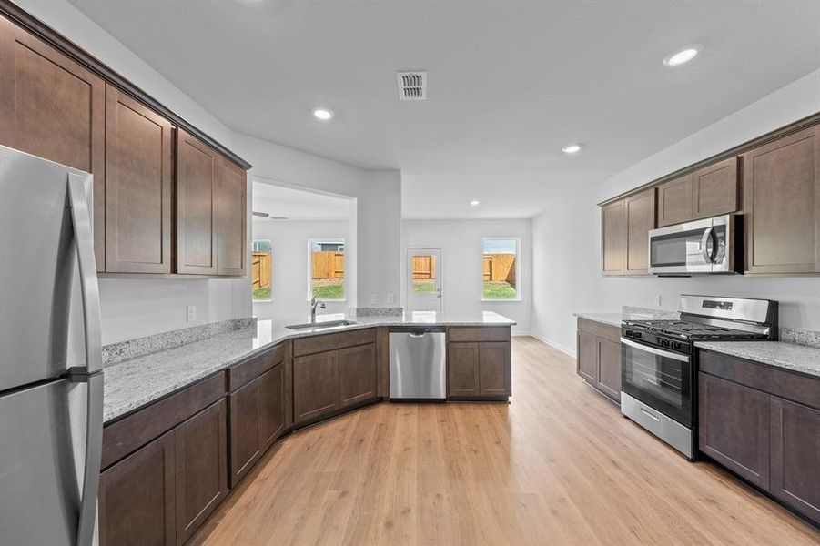 Kitchen with dark cabinets, stainless steel appliances, and light wood-style floors